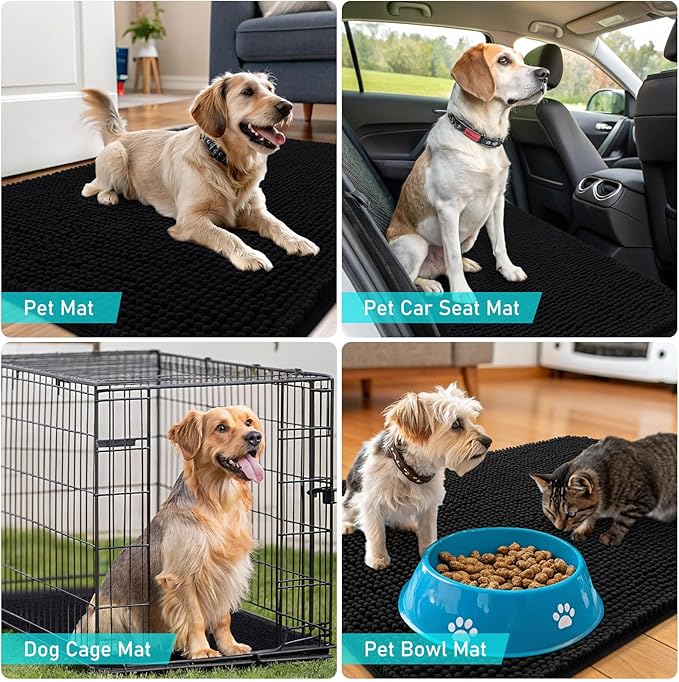 OLANLY Dog Door Mat for Muddy Paws 59x20, Absorbs Moisture and Dirt, Absorbent Non-Slip Washable Doormat, Quick Dry Chenille Mud Mat for Dogs, Entry Indoor Entryway Carpet for Inside Floor, Black
