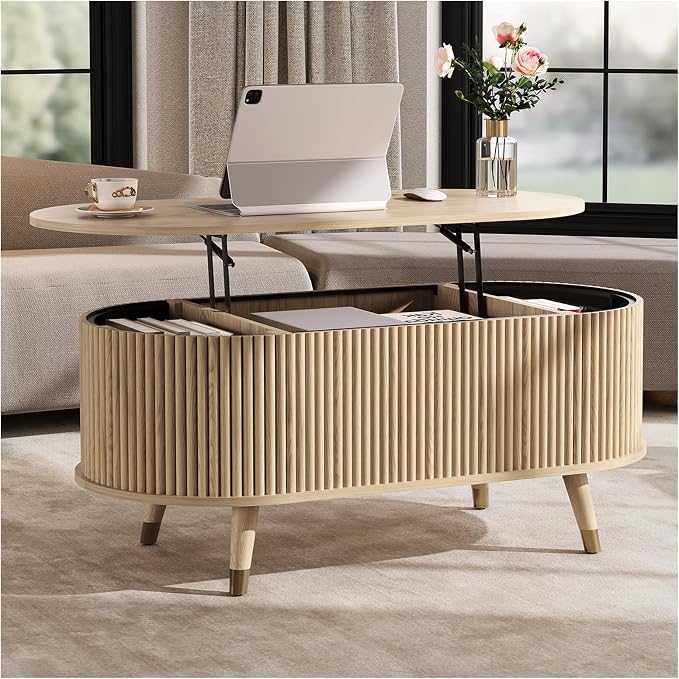 SULIVES Oval Coffee Table with Storage, Small Fluted Center Table