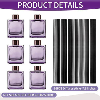 6 Pack Perfume Reed Diffuser Bottle,Empty Square Essential Oil Bottles Glass Jar with Black Sticks for DIY Fragrance Replacement Diffuser Sets (200ml/6.8 oz, Purple Color)