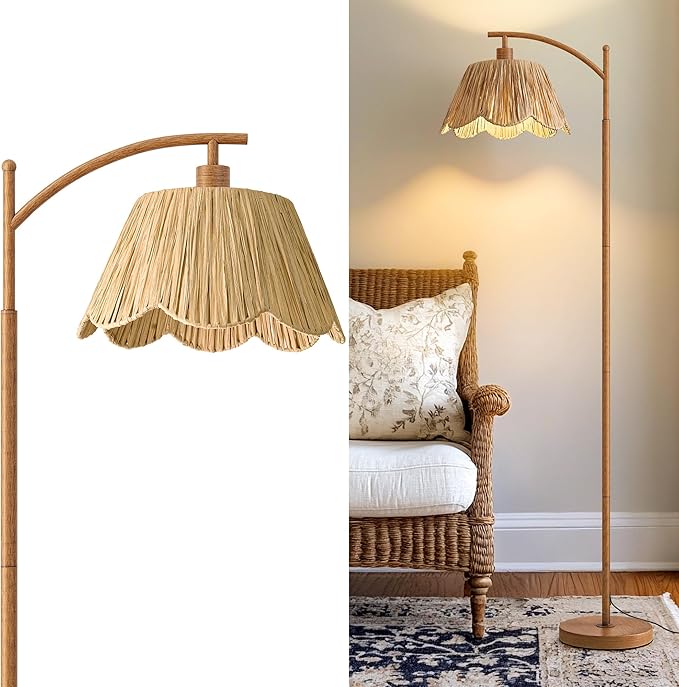 Oneach Rattan Floor Lamp for Bedroom, Boho Floor Lamp with Foot Switch, Farmhouse Standing Lamps for Living Room with Hand-Woven Shade, Walnut Metal Base & Pole