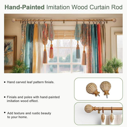 QDWIS Wood Curtain Rods for Windows 66 to 120 Inch,1'' Diameter Drapery Rods with Imitation Wood Grain Leaf Pattern Finials,Boho Adjustable Heavy Duty Curtain Rods Set,36-120'',Color:Natural Wood