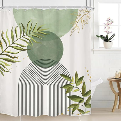 Sage Green Boho Shower Curtain 60Wx72H Modern Bohemian Abstract Leaves Olive Dark Green Mid Century Plant Bathroom Decor Minimalist Geometric Arch Bath Curtain Fabric Polyester 12 Pack Hooks
