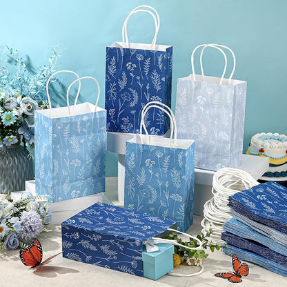 Kolldenn 50 Pcs Blue Wildflower Gift Bags with Handles Paper Floral Goodie Welcome Bag for Wedding Guest Baby Shower Bridal Birthday Party Favor, 5.91 x 3.15 x 8.27 Inches