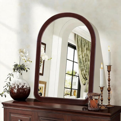 Arched Mirror 24 x 36 Inch,Dark Walnut Brown Wood Rustic Bathroom Tempered Wall Mirror with Wood Frame,Round Corner Arch Farmhouse Wooden Vanity Mirror for Living Room,Entryway or Bedroom