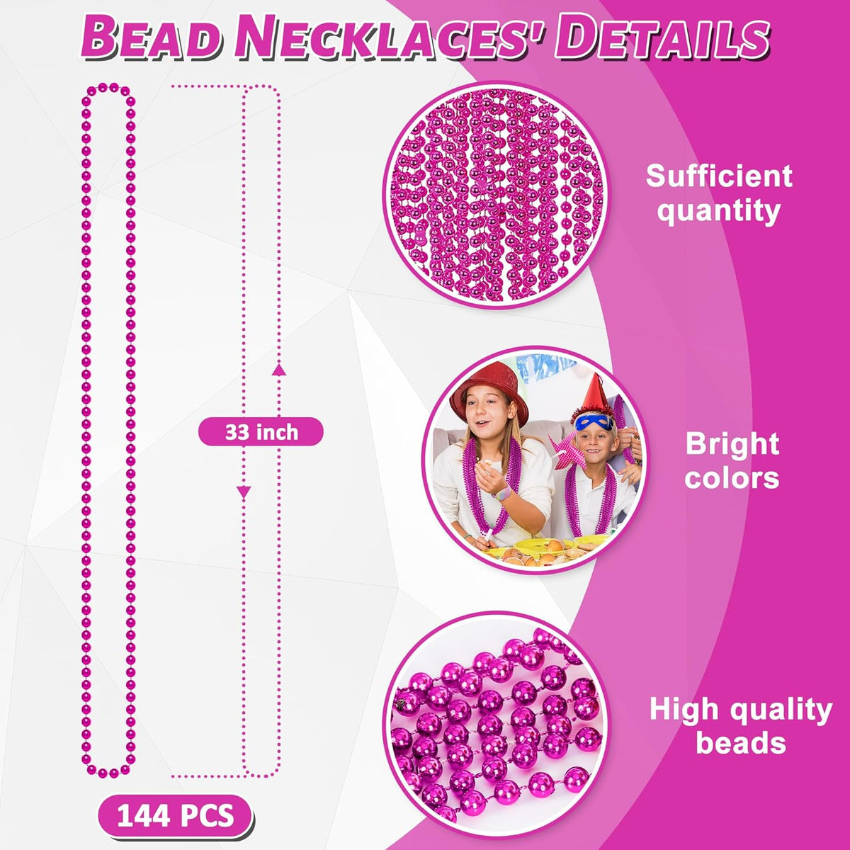 144PCS Bead Necklace, Mardi Gras Pink Bead Necklaces Party Favors, Metallic 33" Mardi Gras Round Beaded Necklace Stuff, Festival Parade Throw Accessories for Wedding Gender Reveal Party Supplies Decor