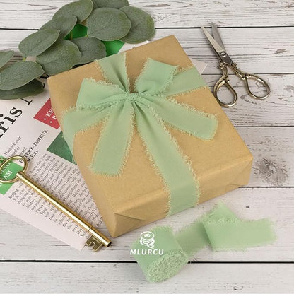 Sage Green Chiffon Ribbon - 1 Inch x 21 Yards, Handmade Fringe, Silk, Boho Frayed, for Gift Wrapping, Wedding Invitation, Bridal Flower Bouquets