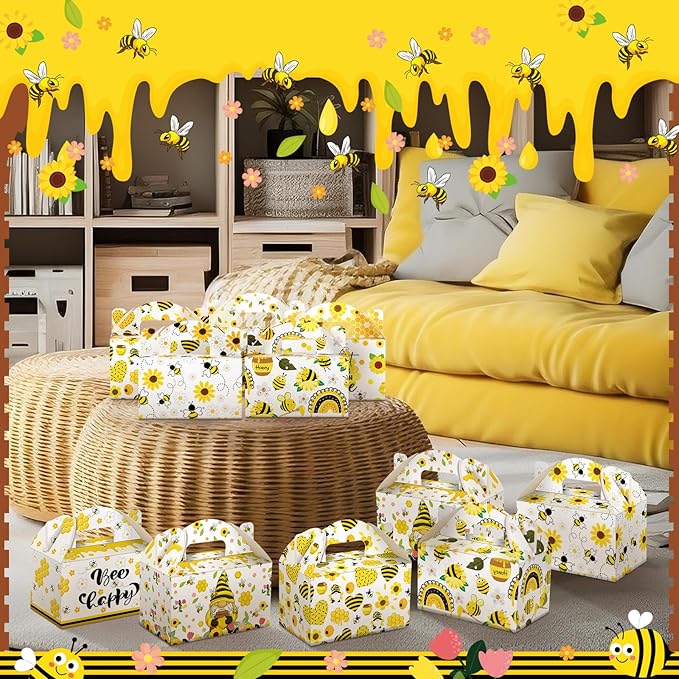 Dunzoom 24 Pcs Bee Festival Decor Bee Gnome Boxes Candy Boxes with Handles Treat Goodie Gift Bags for Birthday Baby Shower Party Supplies