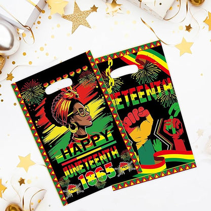 MOIZYNG 50Pcs Juneteenth Bags with Handles, Happy Juneteenth Plastic Candy Treat Goodie Gift Bags for African American June 19th Black Freedom Day Party Favors Supplies