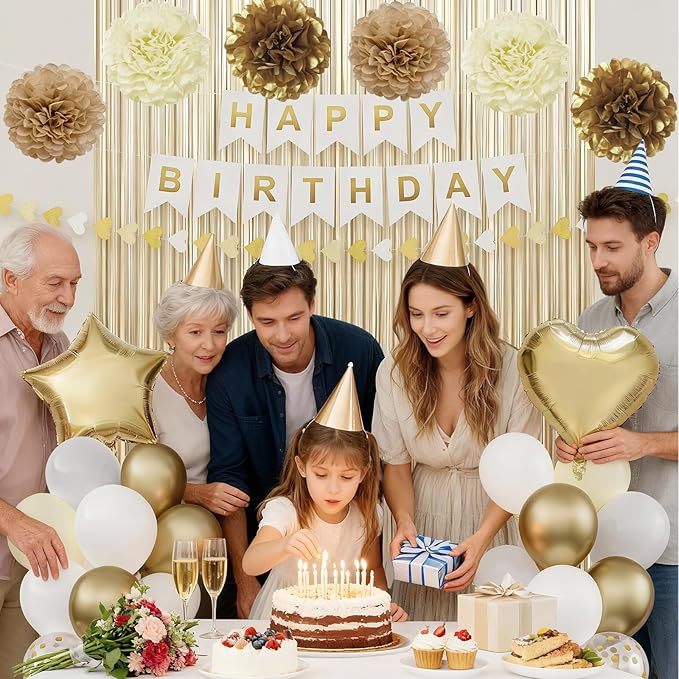 Gold Birthday Decorations for Women, Happy Birthday Party Decorations, Happy Birthday Banner, Gold White Sand Ivory Balloons, Tissue Paper Pompoms, Heart Garland, Party Decor for Girls