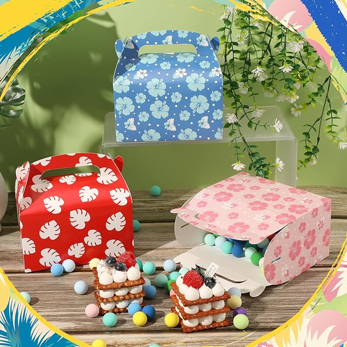 Marspark 30 Pack Hawaiian Themed Cartoon Birthday Party Supplies, Paper Gift Boxes, Cartoon Candy Treat Boxes for Birthday Party Decorations(Flower Pattern)