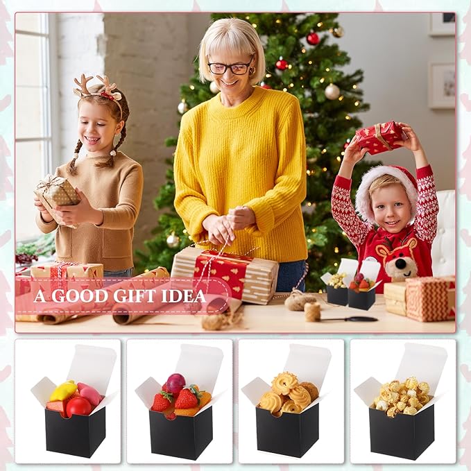Zhehao 48 Pack Black Gift Boxes Small Cardboard Gift Boxes with Lids Bulk 3 x 3 x 3 Inch Square Kraft Paper Cube Box Assemble for Candles Wedding Presents Easy Birthday