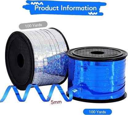 BEISHIDA 2 Pack 100 Yards Blue Silver Curling Crimped Glitter Ribbon Balloon String Shiny Metallic for Gift Wrapping Ribbon 2026 Graduation Retirement Men Birthday Party Decoration