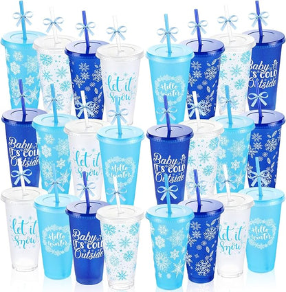 Yoiemivy 24 Pack Winter Plastic Cups Bulk 24 oz Reusable Snowflake Tumbler with Lids and Straws Holiday Party Christmas Drinking Cups for Holiday Party Favors Supplies