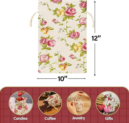 Mandala Crafts 10X12 Inch Rose Burlap Drawstring Gift Bags for Favors - 20 Large Floral Linen Sacks Gift Pouches for Candy, Coffee, Jewelry, Wedding, and Party Supplies