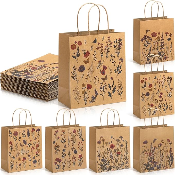 Kolldenn 24 Pcs Vintage Floral Wildflower Gift Bags Flower Kraft Paper Printed Candy Goodie Bags with Handles for Spring Party Supplies Wedding Baby Shower Birthday 8 x 3.9 x 9 in, 6 Styles