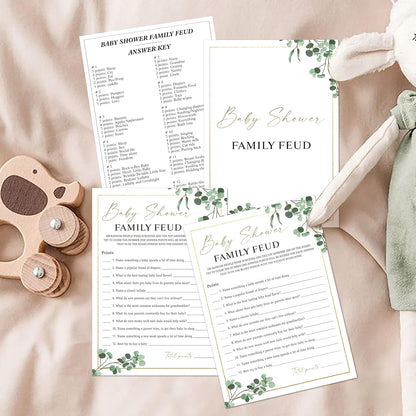 Baby Shower Family Feud Game - Pack of 30 Game Cards 1 Answer Key, Greenery Baby Shower Game for Boy & Girl, Baby Shower Decorations, Baby Feud Game Supplies-04