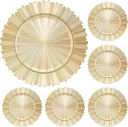6 Pcs Gold Charger Plates,13 Inch Elegant Fluted Edge Plastic Charger Plates Reusable Table Chargers for Dinner Birthday Wedding Party Bridal Showers Tableware Dishes Luxury Decor
