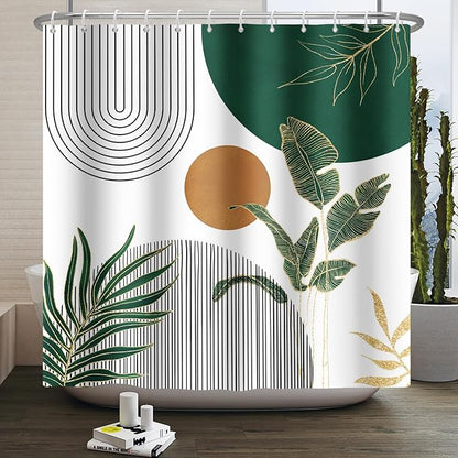 Mid Century Boho Modern Shower Curtain for Bathroom Abstract Sun Arch Geometric Leaves Minimalist Shower Curtain Set Waterproof Polyester Fabric 72x78 Inches
