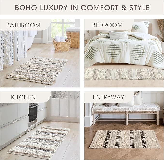 Ink+Ivy Bath Rug Hand-Woven Texture Shaggy Striped Soft & Water Absorbent, Boho Bathroom Décor Bath-Mats, Non-Slip Absorbent Quick Dry Mats for Tub, Shower Room, Asher, 20x32 Natural