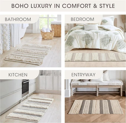 Ink+Ivy Bath Rug Hand-Woven Texture Shaggy Striped Soft & Water Absorbent, Boho Bathroom Décor Bath-Mats, Non-Slip Absorbent Quick Dry Mats for Tub, Shower Room, Asher, 20x32 Natural