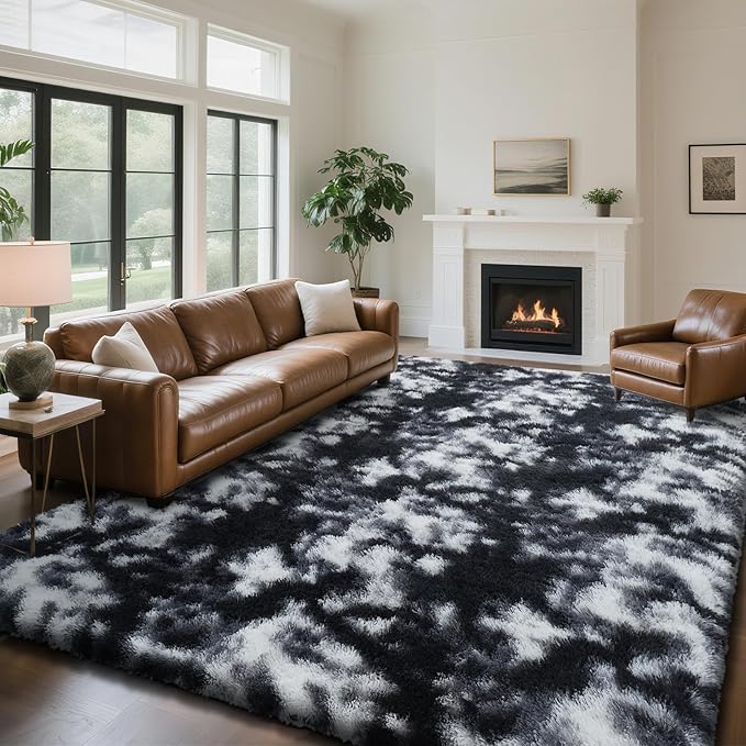 yongyangjuxin Fluffy Rug Shag Area Rug, Mottling Black 9x12 Area Rugs for Living Room, Large Shag Area Rugs for Bedroom Kids Room Home Decor, Upgrade Anti-Skid Rectangular Fuzzy Rugs