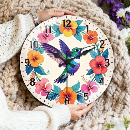 peacoblue Wall Clocks Battery Operated 12 Inch Hummingbird and Flowers Glass Round Wall Clock Non Ticking for Kitchen Living Room Dining Room Bedroom and Bathroom Decor (Battery not Included)