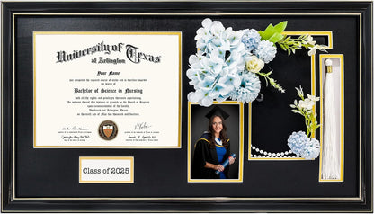 GraduationMall Class of 2025 Graduation Frame for 8.5x11 Diploma & 4x6 Photo with Graduation Cap & Tassel Holder, Black Wood Display Case with Black Gold Mat