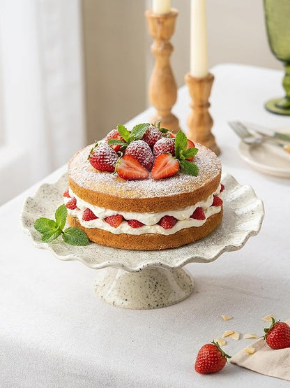 Ceramic Cake Stand, Small Cake Plate for 8 Inch Cake, Vintage Cake Pedestal Stand with Ruffle Trim for Mother's Day, Cupcake Stand for Dessert Table Display, Speckled White