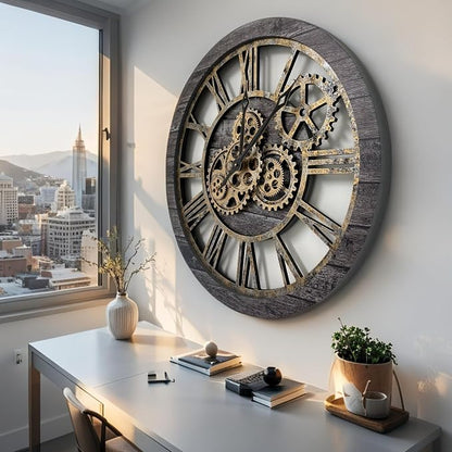 ImprovingLife The Gears Clock The Original Real Moving Gear Wall Clock Vintage Industrial Oversized Rustic Farmhouse (24 inch (60cm), Vintage Carbon Grey and Bronze)