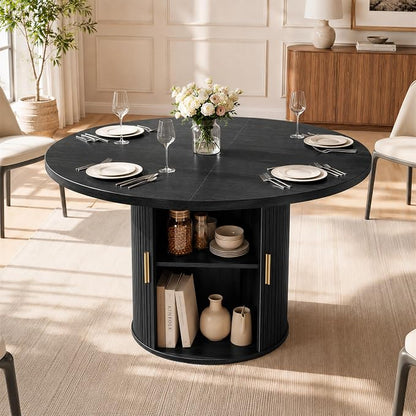 47" Round Dining Table for 4-6, Space-Saving Dining Room Table with Core Rolling Shutter Storage Shelf and Thick Tabletop, Wood Grain Dinner Table for Kitchen, Dining Room, Living Room, Black