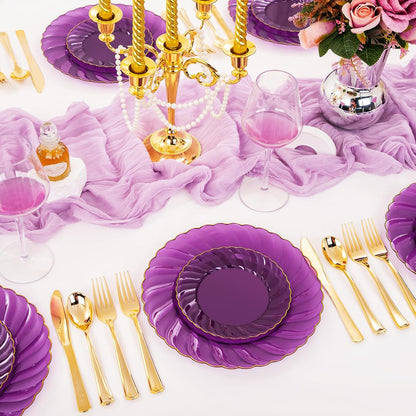 YOUBET 125PCS Purple Plastic Dinnerware Set - Gold and Clear Purple Disposable Plates Include 50 Plastic Plates 75 Silverwares for Wedding Birthday Parties