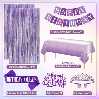 Purple Birthday Decorations, Purple Party Decorations with Balloons Happy Birthday Banner Bday Sash and Crown Tablecloth Fringe Curtain Paper Pom Poms for Women Girls Bday Decor