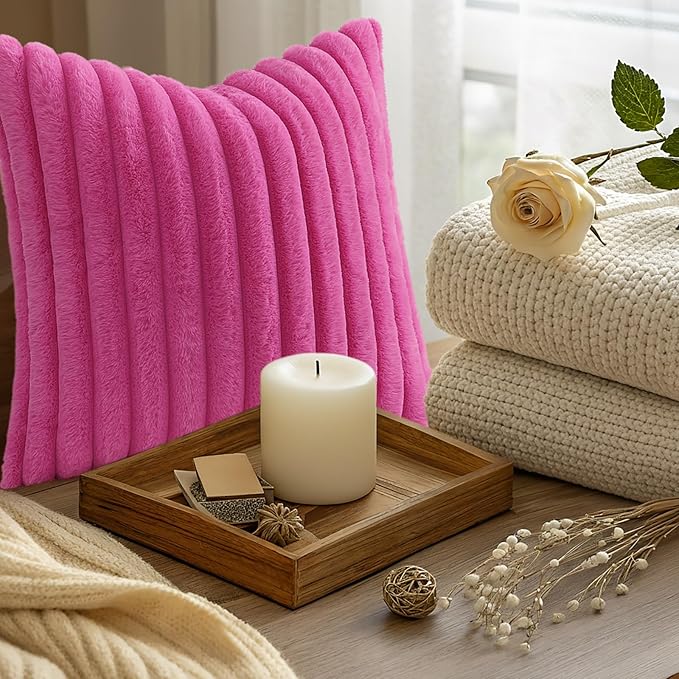 decorUhome Summer Cozy Faux Fur Throw Pillow Covers 24x24 Set of 2 Decorative Soft Plush Striped Modern Farmhouse Boho Couch Euro Sham Pillow Cases with Velvet Back for Sofa Bed Living Room, Hot Pink