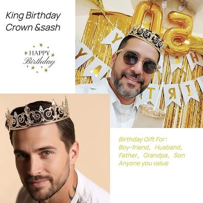 Lunaryvo King Crown and Birthday Sash for Men, Gold Rhinestone Tiara For Birthday Gift Decor Party Cosplay Prom Supplies