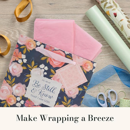Christian Art Gifts Large Portrait Inspirational Scripture Gift Bag, Tag & Wrapping Tissue Paper Set for Women: Be Still & Know Bible Verse, Satin Ribbon Handles, Navy Blue & Pink Multicolor Floral