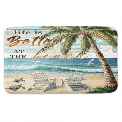 Beach Sea Turtle Seagull Palm Tree Ocean Bathroom Rugs Mat, Non Slip Rustic Beach Bath Rugs for Bathroom, Durable Rustic Wooden Flannel Mat Rug, Absorbent Water Mats for Laundry Room Kitchen,19X31