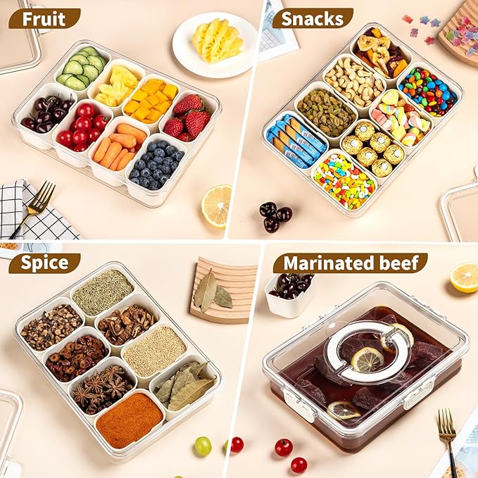 Divided Serving Tray Fresh-keeping Box with Lid&Handle，8 Compartments Snackle Box Charcuterie Container,Snack Box Container for Adults,Travel Snack Tray with Lid for Fruit,Vegetable,Candy,（2 Pack）