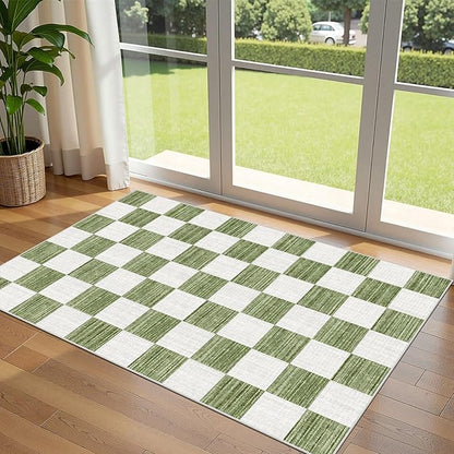 Green White Checkered Entry Rug - 3x5 Ft Non-Slip Washable Indoor Outdoor Front Door Mat Outside Entrance Porch Rug Geometric Rugs for Living Room Bedroom Entryway Kitchen Office Porch Decor