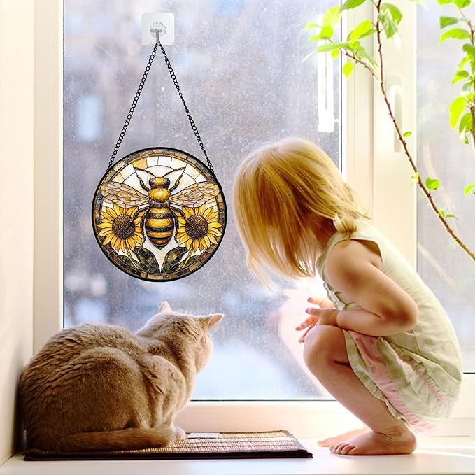 Stained Glass Window Hanging - Bee Sunflower Yellow Suncatcher Ready to Hang Window Doors Home Decoration and Christmas, Mother's Day Birthday Gifts for Women, Men, and Mom 11.8x11.8 in