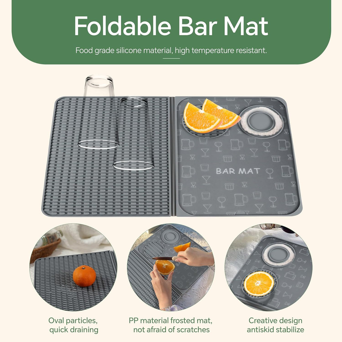 Bar Mat, Bar Accessories, Multifunctional Folding Cocktail Mat with Cutting Board, 18" X 12"(Gray) Drying Mats,Bar Mat for Countertops,Bar Decorations for Home, Outdoor Bar Accessories,Travel