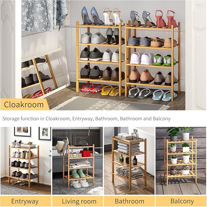 Small Shoe Rack, 4-Tier Bamboo Stackable Shoe Shelf Storage Organizer, Shoe Stand for Closet, Entryway and Hallway