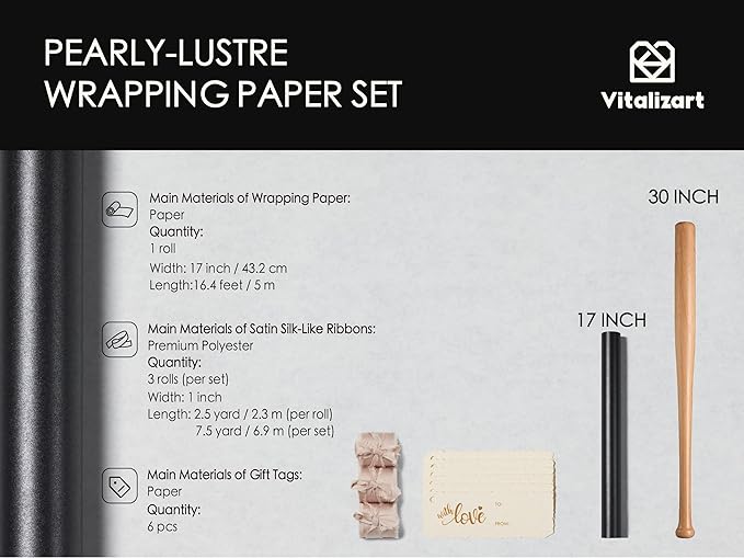 Vitalizart Black Wrapping Paper Set 17" Pearly-Lustre With Silk Like Satin Ribbon & Gift Tags Recyclable Christmas Gift Wrapping Birthday Baby Shower Wedding Handmade Crafts 197"(16.4 Ft)