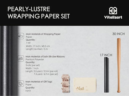 Vitalizart Black Wrapping Paper Set 17" Pearly-Lustre With Silk Like Satin Ribbon & Gift Tags Recyclable Christmas Gift Wrapping Birthday Baby Shower Wedding Handmade Crafts 197"(16.4 Ft)
