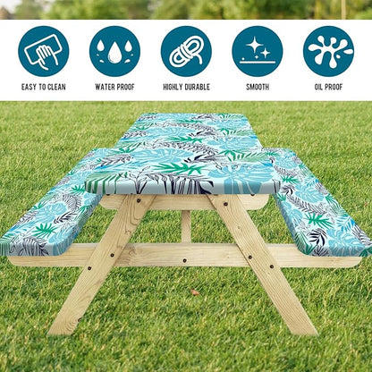 Palm Leaves Picnic Table Cover with Bench Covers, Waterproof Summer Tropical Hawaiian Green Leaves Tablecloth for Camping Indoor Outdoor Party Decorations, 30X72in