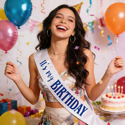 It's My Birthday Sash, Royal Blue Foil Letter Glitter White Birthday Sash for Women Men Girl Boy Kids Teenager Funny Bday Gifts Party Favors Photo Prop