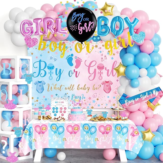 170 PCs Baby Boxes Gender Reveal Decorations, Hombae Boy or Girl Gender Reveal Decorations What Will Baby Be Backdrop Balloon Garland Banner Tablecloth Cake Cupcake Topper Cutout Poster Sash Pink Blue