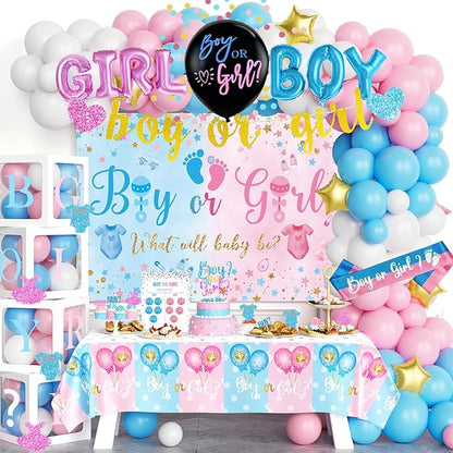 170 PCs Baby Boxes Gender Reveal Decorations, Hombae Boy or Girl Gender Reveal Decorations What Will Baby Be Backdrop Balloon Garland Banner Tablecloth Cake Cupcake Topper Cutout Poster Sash Pink Blue