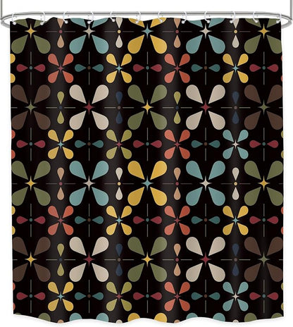 Black Boho Mid Century Shower Curtain Bathroom Set 71Wx71H Inches Colourful Vintage Modern Abstract Retro Chic Geometric Women Men Bath Accessories Bohemian Art Home Decor Fabric 12 Pack Hooks