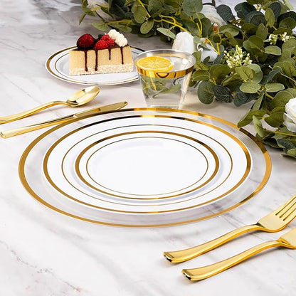 Goodluck 12 Inch Charger Plates, 50 Pack Clear Charger Plates with Gold Trim, Plastic Charger Plate Bulk for Dinner, Wedding, Party, Event Decoration, Clear&Gold