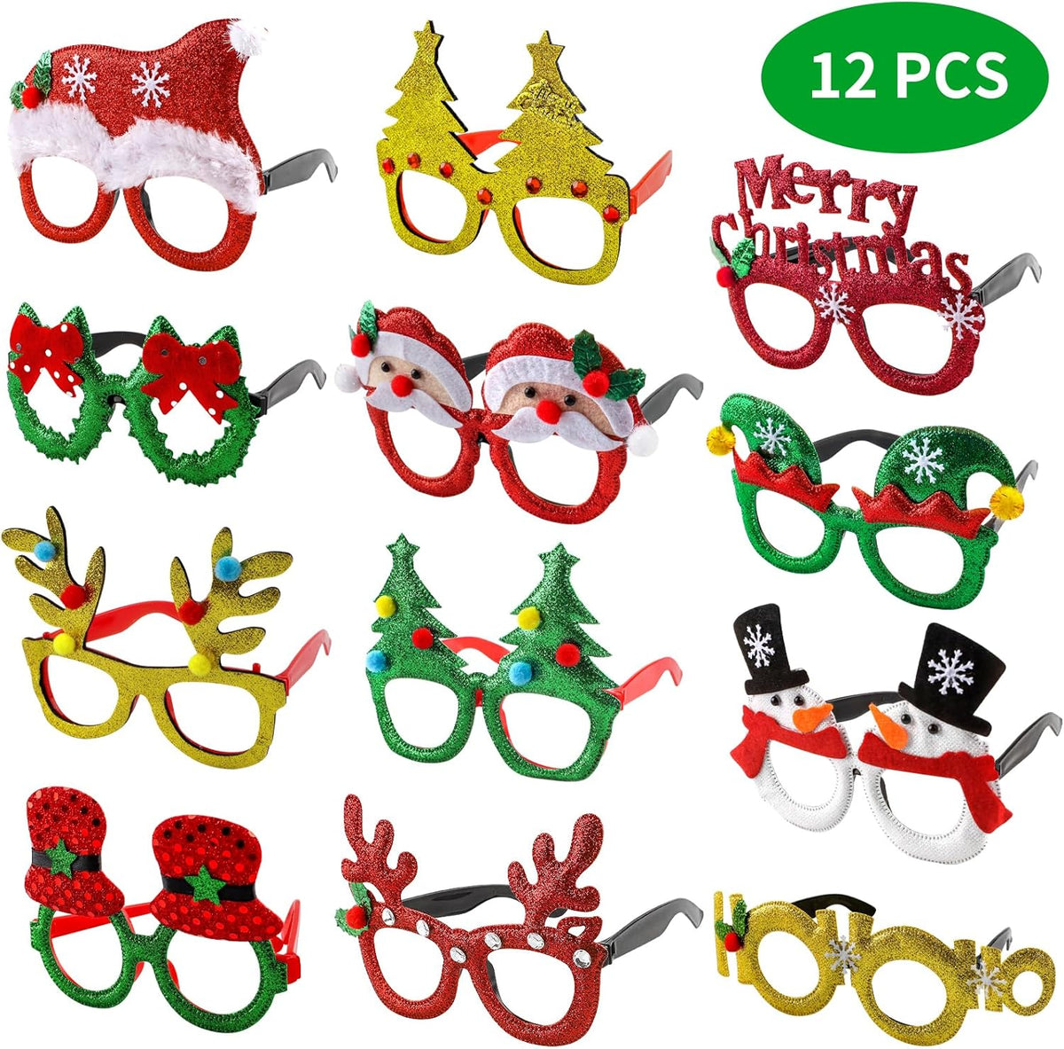 Yunfan 12pcs Christmas Glasses Glitter Party Glasses Frames Xmas Costume Eyeglasses for Cosplay Party Favor Photo Booth (One Size Fits All)
